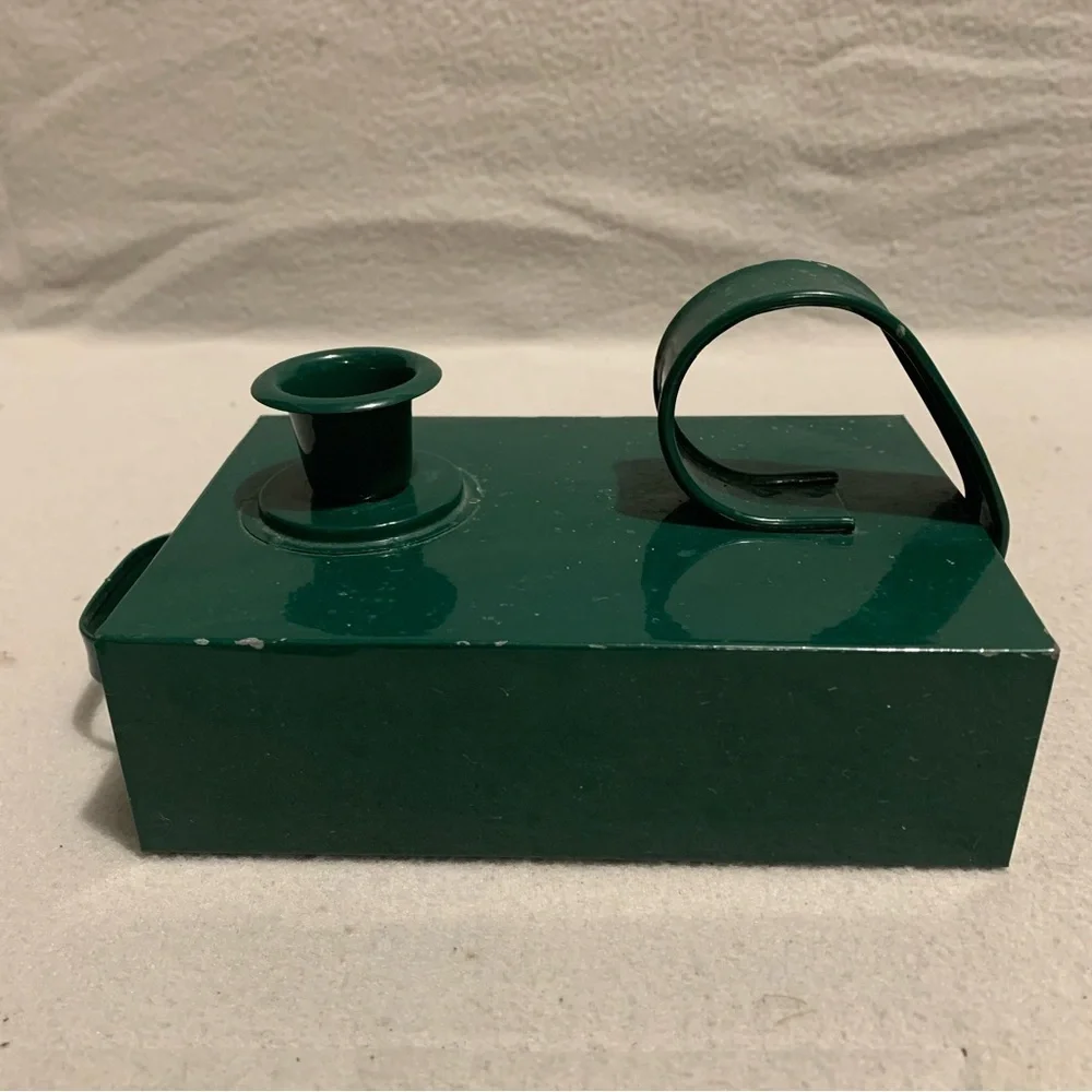 Vtg. Green Metal Chamber Candlestick Holder w/Candle Storage - Candles Included